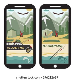 glamor camping flat design landscape with limousine on smartphone