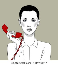 Glamor short-haired woman holds in her hand a red tube of a retro phone. Vintage engraving stylized drawing. Vector illustration