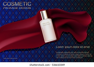 Anuncios de base glamorosos, textura acolchada con botellas de vidrio, diseño elegante, publicidad, ilustración 3D