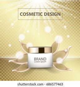 Glamorous ads, glass bottle with cream splashes, elegant ads for design, 3d vector