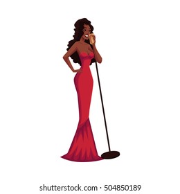 Glamorous African American female singer, cartoon vector illustration isolated on white background. Full height portrait of posh black woman in red evening dress singing to a microphone