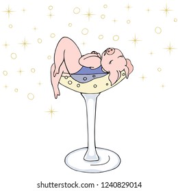 Glamorous appetizing pig seductive among the bubbles in a glass of champagne. Isolated vector freehand drawing on white background.