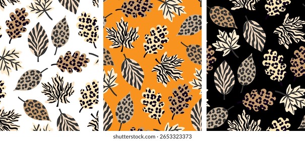 glamouroso outono deixa padrão sem costura definido com texturas de impressão animal em branco laranja preto fundos moda queda decoração e web design