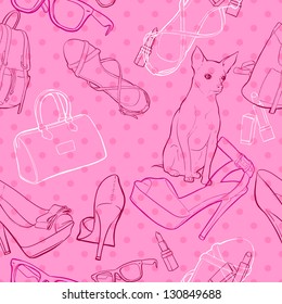 glamorous backdrop of glamor and fashion elements, dogs, shoes, sunglasses and handbags