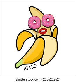 Glamorous banana character on a white background. Cheerful happy banana with donuts. Illustration for printing on a t-shirt.Vector illustration