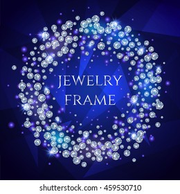 Glamorous banner for Your text with sparkling diamonds scattered in a circle on a dark stylish background. 