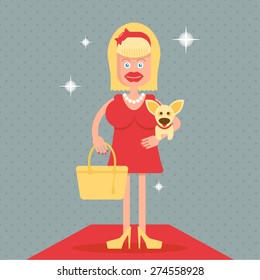 Glamorous Blonde With Silicone Lips And Breasts Holding A Fancy Bag And A Small Dog On The Red Carpet. Around Spotlights And Shine. Illustration In A Flat Style. Fully Editable Vector.