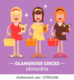 Glamorous Blonde With Silicone Lips And Breasts Holding A Fancy Bag And A Small Dog On The Red Carpet. Around Spotlights And Shine. Illustration In A Flat Style. Fully Editable Vector.