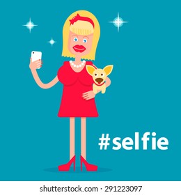 Glamorous blonde with silicone lips and breasts holding a small dog and making selfie. Around spotlights and shine. Illustration in a flat style. Fully editable vector.
