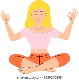 Glamorous blonde woman in meditation pose. orange bottom and pink top. The fingers are folded in place of the index finger and thumb. Vector illustration yoga girl with closed eyes in a seated lotus