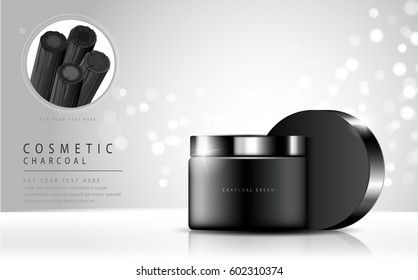 Glamorous charcoal cosmetic ads, facial treatment for sale. black bottle. vector design.