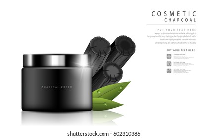 Glamorous charcoal cosmetic ads, facial treatment for sale. black bottle. vector design.