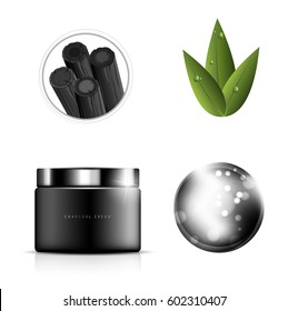 Glamorous charcoal cosmetic ads, facial treatment for sale. black bottle. vector design.