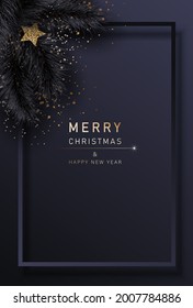 Glamorous Christmas banner with fir black branches. Merry christmas and happy new year banner