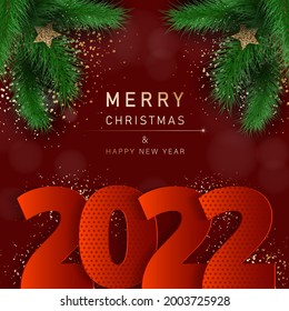 Glamorous Christmas banner with fir branches. Merry christmas and happy new year banner 2022