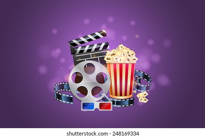 Glamorous cinema poster with popcorn and 3d glasses