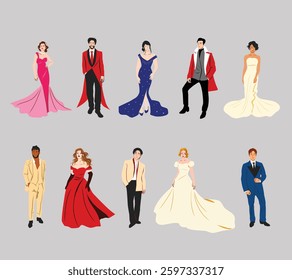 A glamorous collection of celebrity characters dressed in elegant and luxurious outfits, for fashion projects, event promotions, and luxury-themed designs