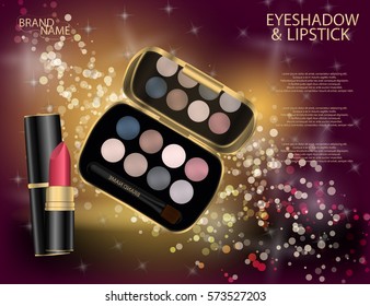 Glamorous colorful lipstick and eyeshadow  on the  sparkling effects background. Mockup 3D Realistic Vector illustration for design, template 