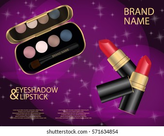 Glamorous colorful lipstick and eyeshadow set  on the  sparkling effects background. Mockup 3D Realistic Vector illustration for design, template 