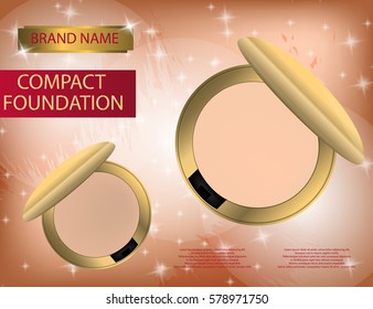 Glamorous compact foundation on the  sparkling effects background. Mockup 3D Realistic Vector illustration for design, template