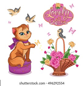 Glamorous cute funny red cat. Set with animal, birds, flower basket. Decorative style toy, doll. Wonderland. Magic, fabulous story. Isolated children's cartoon illustration, for print, sticker. Vector