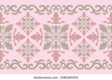 Glamorous Detailed Beautiful Luxury Scroll Ornament Border Pink and Gold Theme. Royal Exquisite Pattern Stripe For Expensive Wealth Opulence Design Decoration Fabrics Silk Lace Embroidery Manly Invest