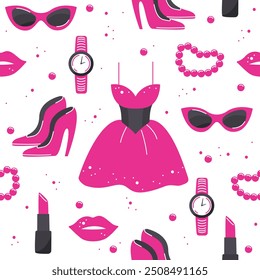 Glamorous doll pink fashion accessories. Seamless pattern.  Pink fashion set. Glasses, bracelet, shoes, lipstick, watch, pink dress, lips. Baby shower. Vector illustration