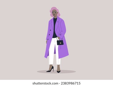A glamorous drag queen donning an elegant purple trench coat, accompanied by a small black handbag
