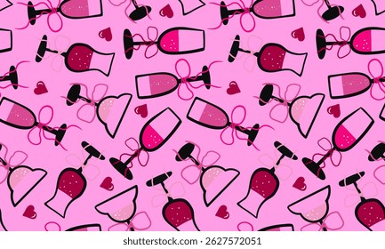 glamorous drawn seamless pattern with champagne glasses, bows, and hearts on a pink background
