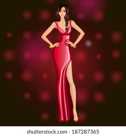 Glamorous dressed up for a dancing party young long legged attractive woman vector illustration