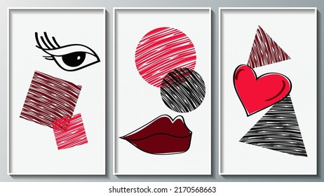 Glamoroso tríptico expresionista. Contorno de textura geométrica, imágenes artísticas de labios, ojos, corazones sobre un fondo claro. Tres dibujos en marcos finos y blancos. Vector.