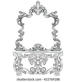 Glamorous Fabulous Baroque Rococo Console Table and Mirror frame set. French Luxury rich carved ornaments furniture. Vector Victorian exquisite Style furniture