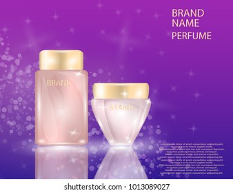 Glamorous face Beauty Care Products Packages and parfume bottle  on the  sparkling effects background. Mock-up 3D Realistic Vector illustration for design, template