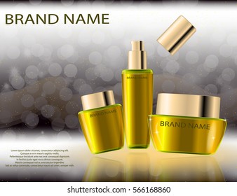 Glamorous face Beauty Care Products Packages on the  sparkling effects background. Mockup 3D Realistic Vector illustration for design, template