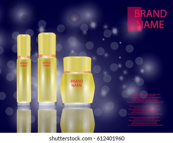Glamorous face Beauty Care Products Packages on the  sparkling effects background. Mock-up 3D Realistic Vector illustration for design, template