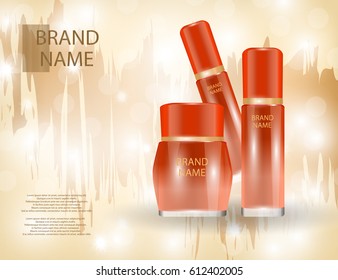Glamorous face Beauty Care Products Packages on the  sparkling effects background. Mock-up 3D Realistic Vector illustration for design, template