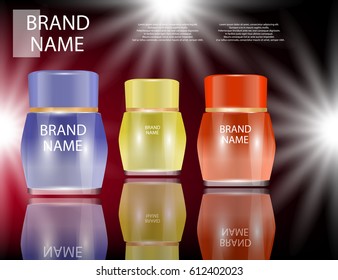 Glamorous face Beauty Care Products Packages on the  sparkling effects background. Mock-up 3D Realistic Vector illustration for design, template