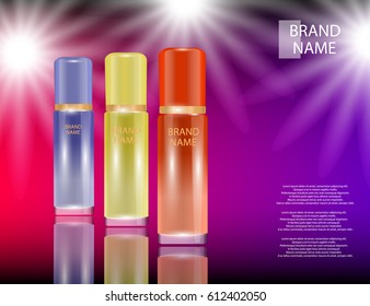 Glamorous face Beauty Care Products Packages on the  sparkling effects background. Mock-up 3D Realistic Vector illustration for design, template