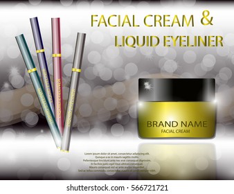 Glamorous facial cream jar and liquid eyeliner on the  sparkling effects background. Mockup 3D Realistic Vector illustration for design, template