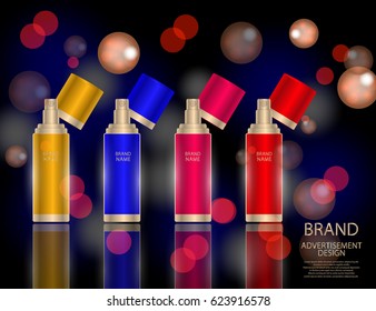 Glamorous facial treatment essence set on the sparkling effects background, elegant ads for design. Mock-up 3D Realistic Vector illustration for design, template