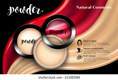 Glamorous Fashion Face Cosmetic Makeup Powder in Black Round Plastic Case Top View. flowing liquid texture. Black background. Advertising Banner Billboard Poster Catalog. 3D Vector Illustration.