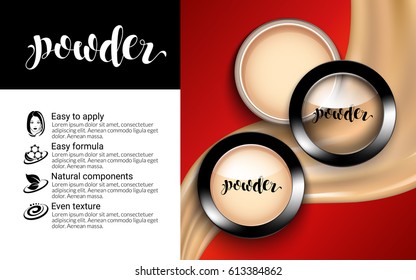 Glamorous Fashion Face Cosmetic Makeup Powder in Black Round Plastic Case Top View ads elegant. flowing liquid texture. Package Design Promotion Product. Advertising Catalog. 3D Vector Illustration.