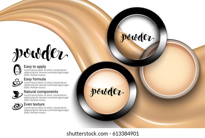 Glamorous Fashion Face Cosmetic Makeup Powder Black Round Plastic Case Top View ads. flowing liquid texture. White background Package Product. Advertising Banner. 3D Vector Illustration.