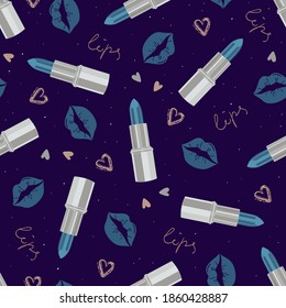 Glamorous fashion seamless pattern with lipstick and kisses in cool silver tones. Cosmetic seamless pattern in modern fashionable colors. Design for beauty, advertising, Valentine's Day. Vector