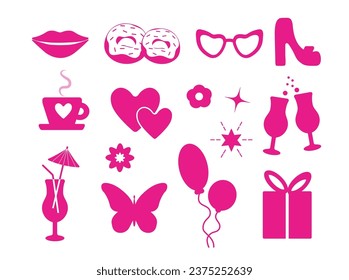 Glamorous fashion set of pink stickers. Cute stickers, objects isolated on a white background. hat, lips, flower, shoe, star, glass, logo, food: a collection in a minimalist style. for print. barbie