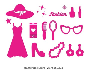 Glamorous fashion set of pink stickers. Cute stickers, objects isolated on a white background. hat, phone, flower, shoe, star, glass, logo, dress: a collection in a minimalist style. for print. barbie