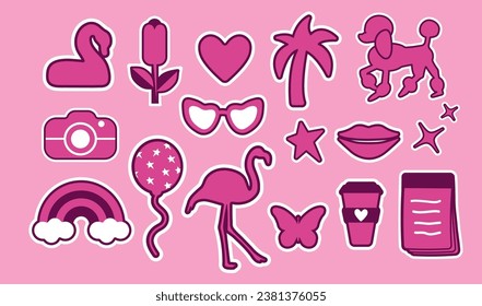 Glamorous fashionable sticker set. Cute stickers, objects isolated on a pink background. rainbow, dog, palm tree, star, glasses, flamingo, tree: collection in a minimalist style. for print,