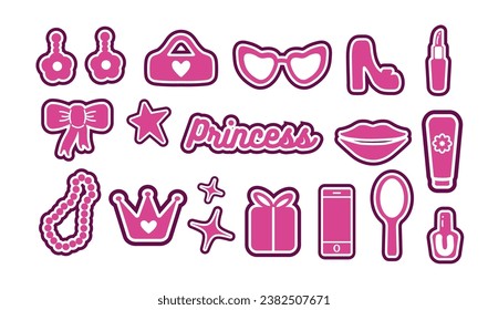 Glamouröser, modischer Aufkleber. Cute Aufkleber, Objekte einzeln auf weißem Hintergrund. Lippen, Lippenstift, Schmuck, Schuhe, Stern, Glas, Telefon. Sammlung im minimalistischen Stil. für Print, Social Network.