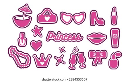 Glamorous fashionable sticker set. Cute stickers, objects isolated on white background. lips, lipstick, jewelry, shoes, star, glass, phone. collection in a minimalist style. for print, social network.