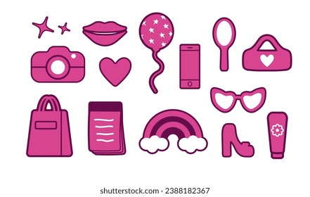 Glamorous fashionable sticker set. Cute stickers, objects isolated on a white background. rainbow, bag, phone, star, glasses, lipstick : collection in a minimalist style. for print. barbie style